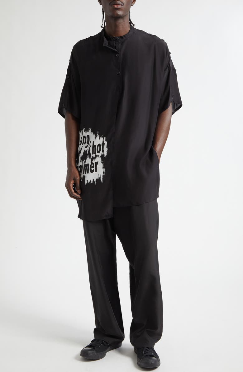 Yohji Yamamoto Double Covered Short Sleeve Silk Graphic Button-Up Shirt, Alternate, color, Black
