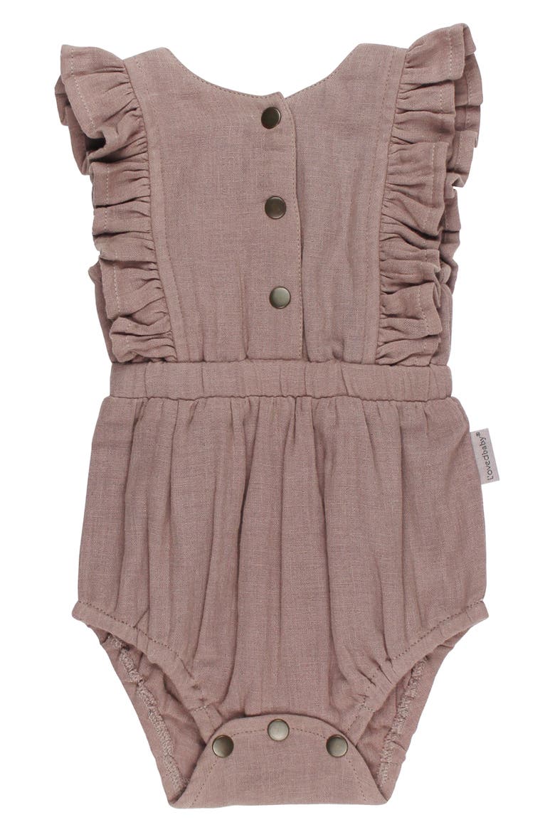 Ruffle Organic Cotton Gauze Romper, Main, color, ALMOND