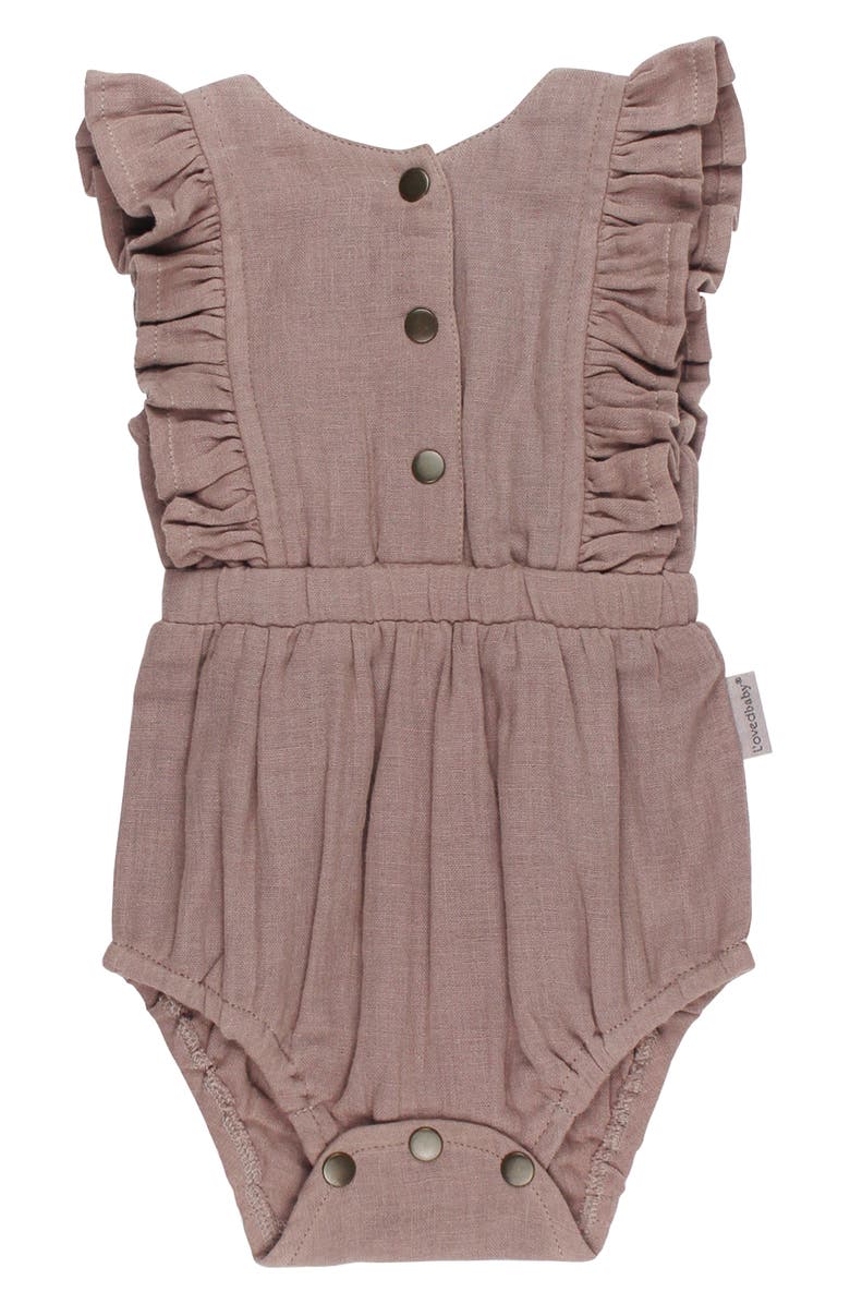 L'ovedbaby Ruffle Organic Cotton Gauze Romper, Main, color, Almond