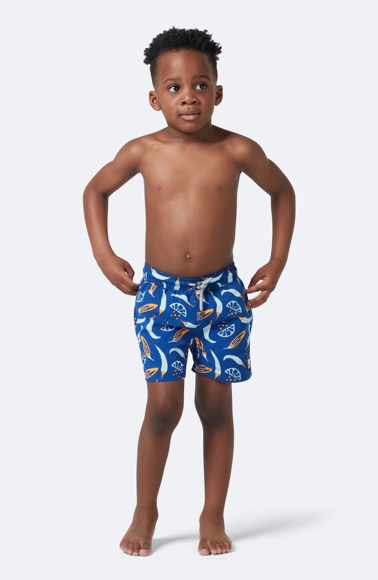 Tom & Teddy Kids' Chili Print Performance Swim Trunks, Alternate, color, Blue Orange