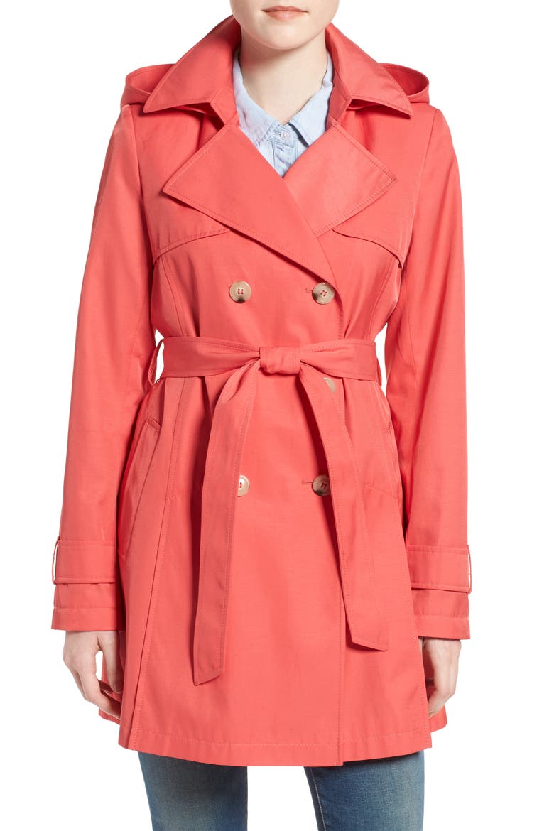 Detachable Hood Trench Coat, Main, color, CORAL
