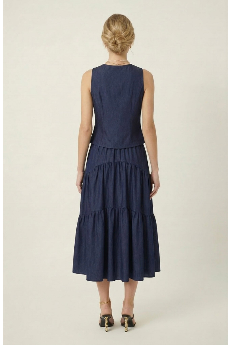 Sleeveless Structured Top and Tiered Midi Skirt Set, Alternate, color, Navy Blue
