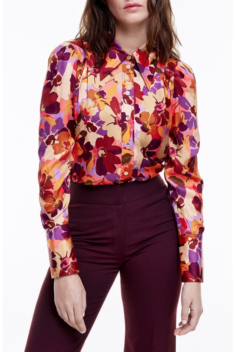 Floral Satin Button-Up Shirt, Main, color, GARNET FLORAL