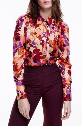 Smythe Floral Satin Button-up Shirt In Garnet Floral