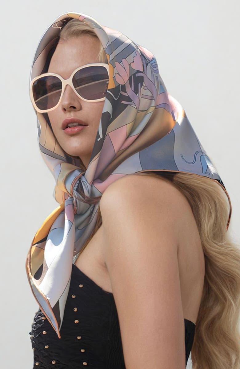 Jessie Zhao New York Double Sided Silk Scarf Of Jungle Puzzle, Alternate, color, Blue