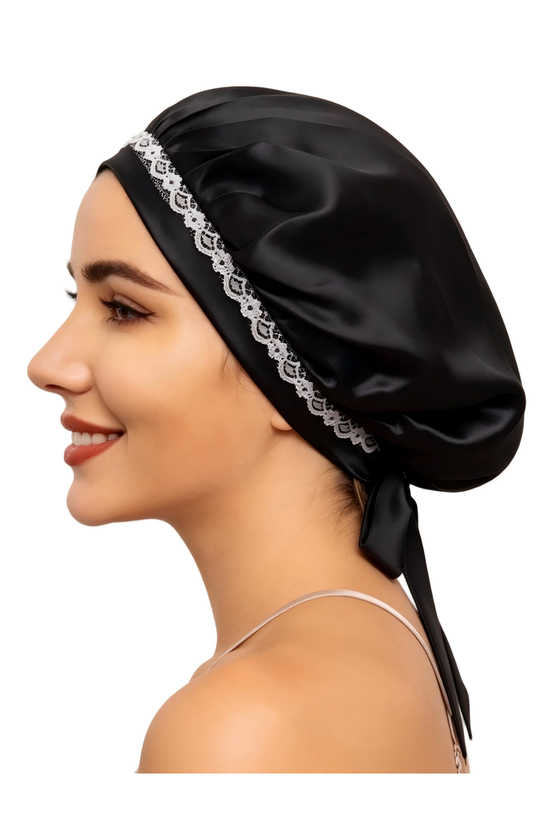 Pure Silk Lace Bonnet with Ribbons, Main, color, Black