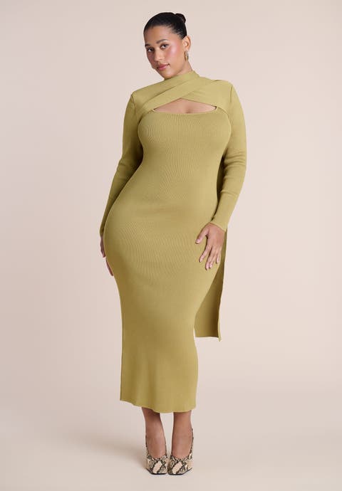 Wrap Scarf Detail Sweater Midi Dress