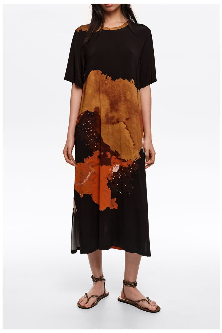 Flowing Midi T-Shirt Dress, Main, color, BLOT XL BLACK