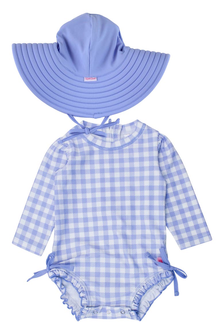Gingham Long Sleeve One-Piece Rashguard Swimsuit & Hat Set, Main, color, BLUE