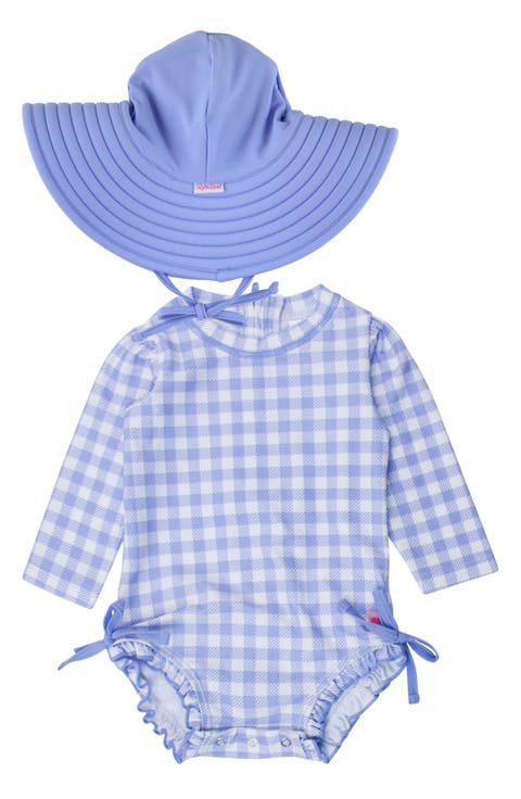 Gingham Long Sleeve One-Piece Rashguard Swimsuit & Hat Set (Baby)