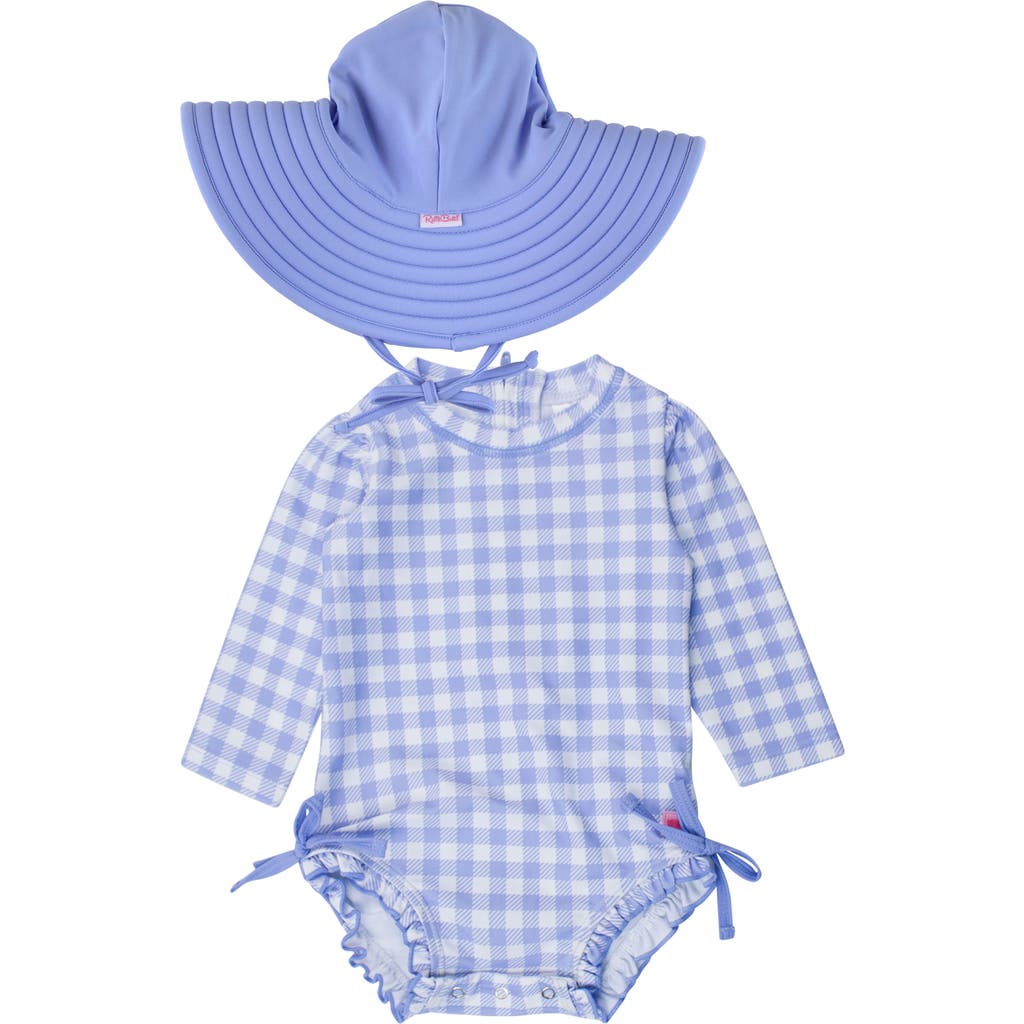 Rufflebutts Gingham Long Sleeve One-piece Rashguard Swimsuit & Hat Set In Blue