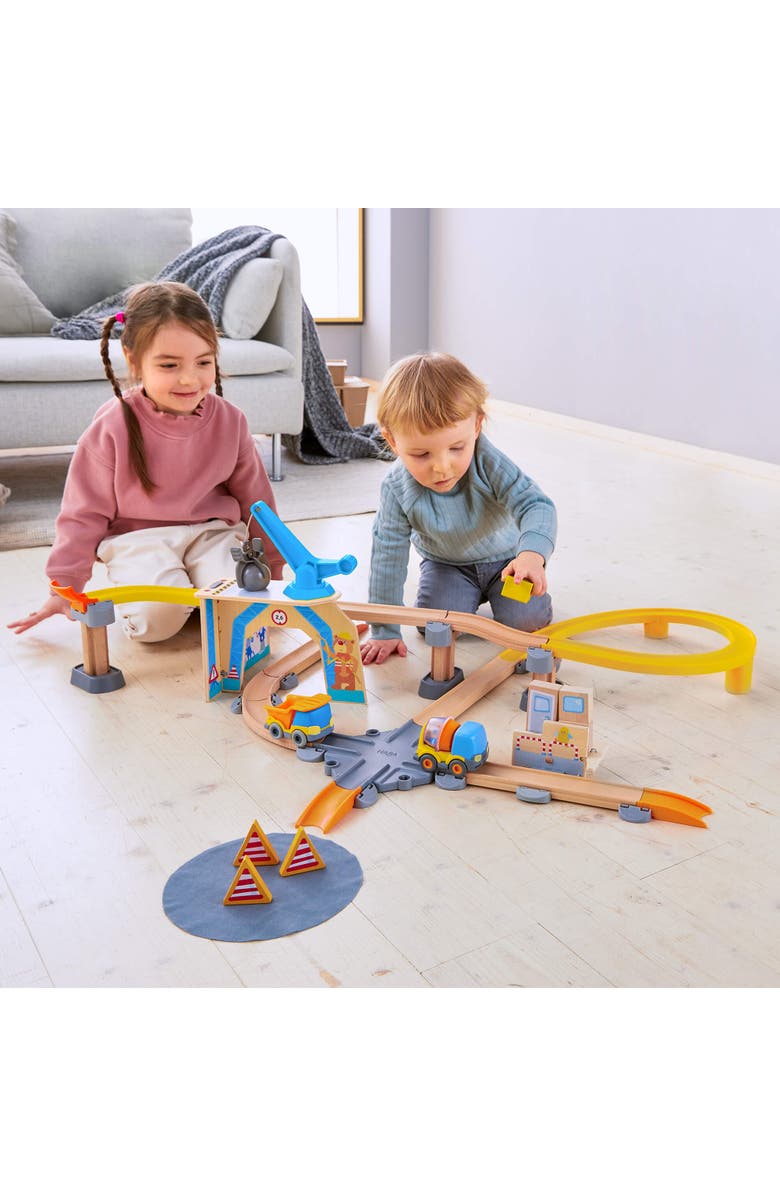 HABA Kullerbu Construction Zone Track Set with Dump Truck, Cement Mixer & Crane, Alternate, color, Multi