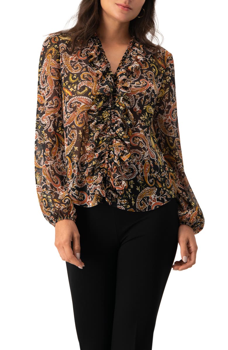 IVONNE V-Neck Ruffle Trim Printed Blouse, Main, color, Multicolor