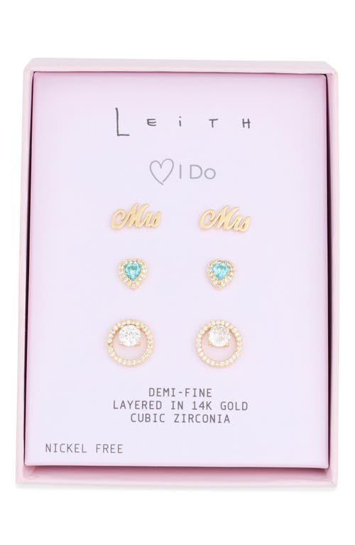 Leith Set Of 3 Demi-fine Mrs Stud Earrings In Clear- Gold