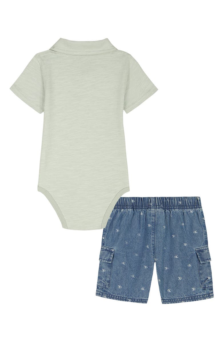 Calvin Klein Polo Bodysuit & Denim Shorts Set, Alternate, color, Blue Multi