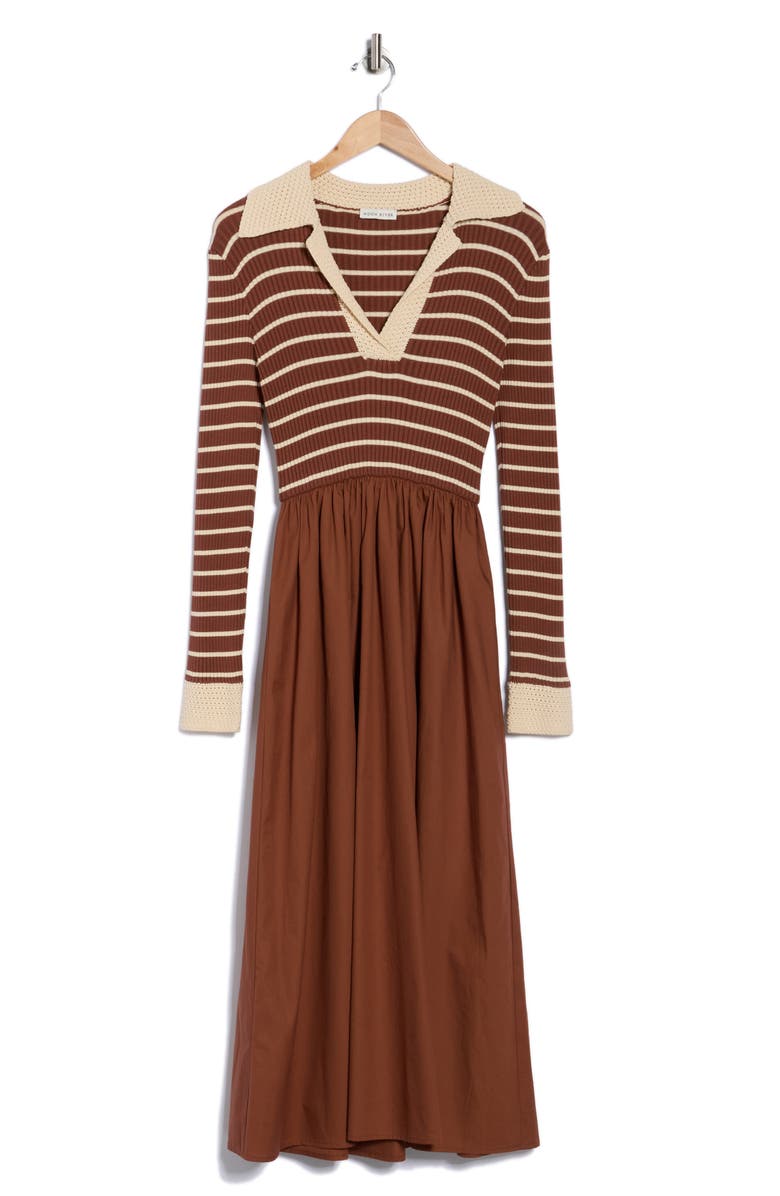 MOON RIVER Stripe Long Sleeve Midi Dress, Alternate, color, Brown