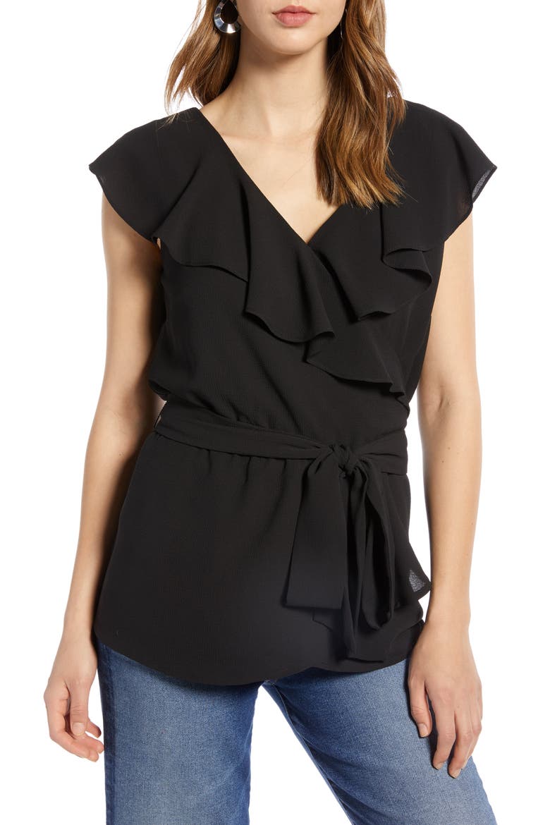 Ruffled Tie Waist Top, Main, color, BLACK