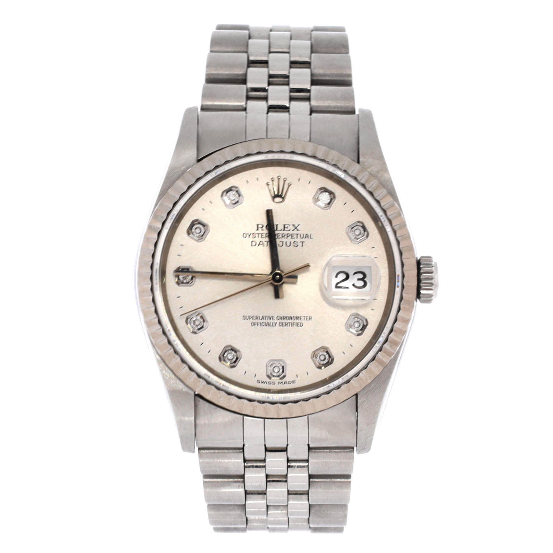 Oyster Perpetual Datejust Automatic Watch Stainless Steel and White Gold with Diamond Markers 36, Main, color, Metallic Silver