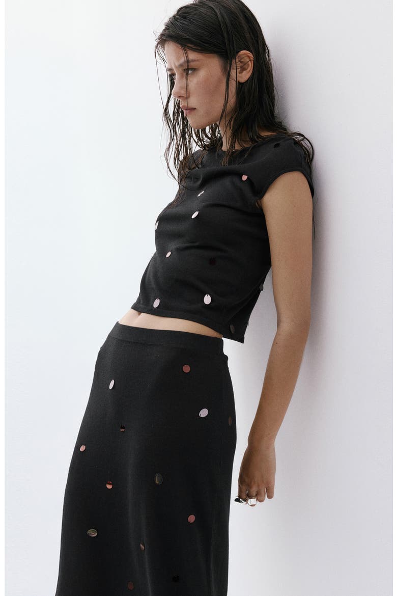 Sequined Short Sleeve Top, Alternate, color, BLACK