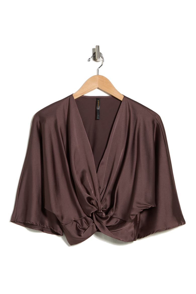 Plunge Neck Long Sleeve Twisted Knot Satin Top, Alternate, color, BROWN