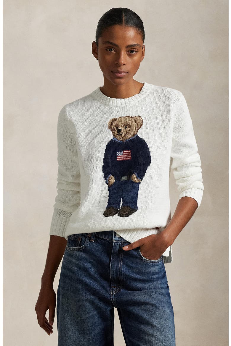 Polo Bear Embroidered Linen & Cotton Crewneck Sweater, Alternate, color, DECKWASH WHITE MULTI