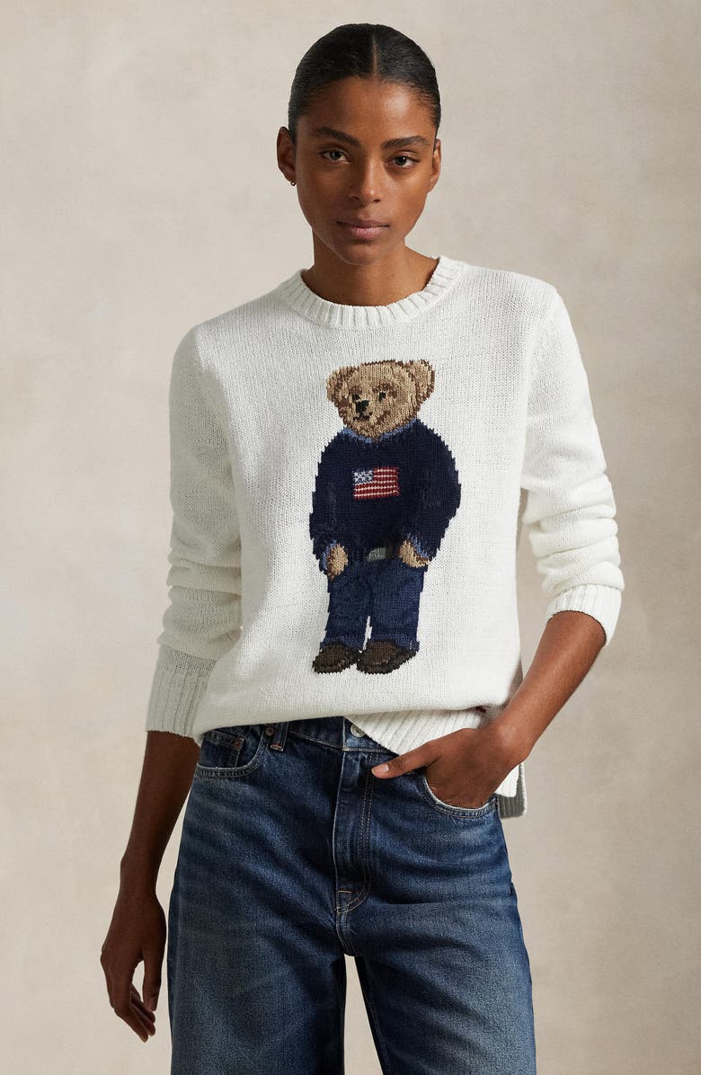 Polo Ralph Lauren Polo Bear Embroidered Linen & Cotton Crewneck Sweater, Alternate, color, Deckwash White Multi