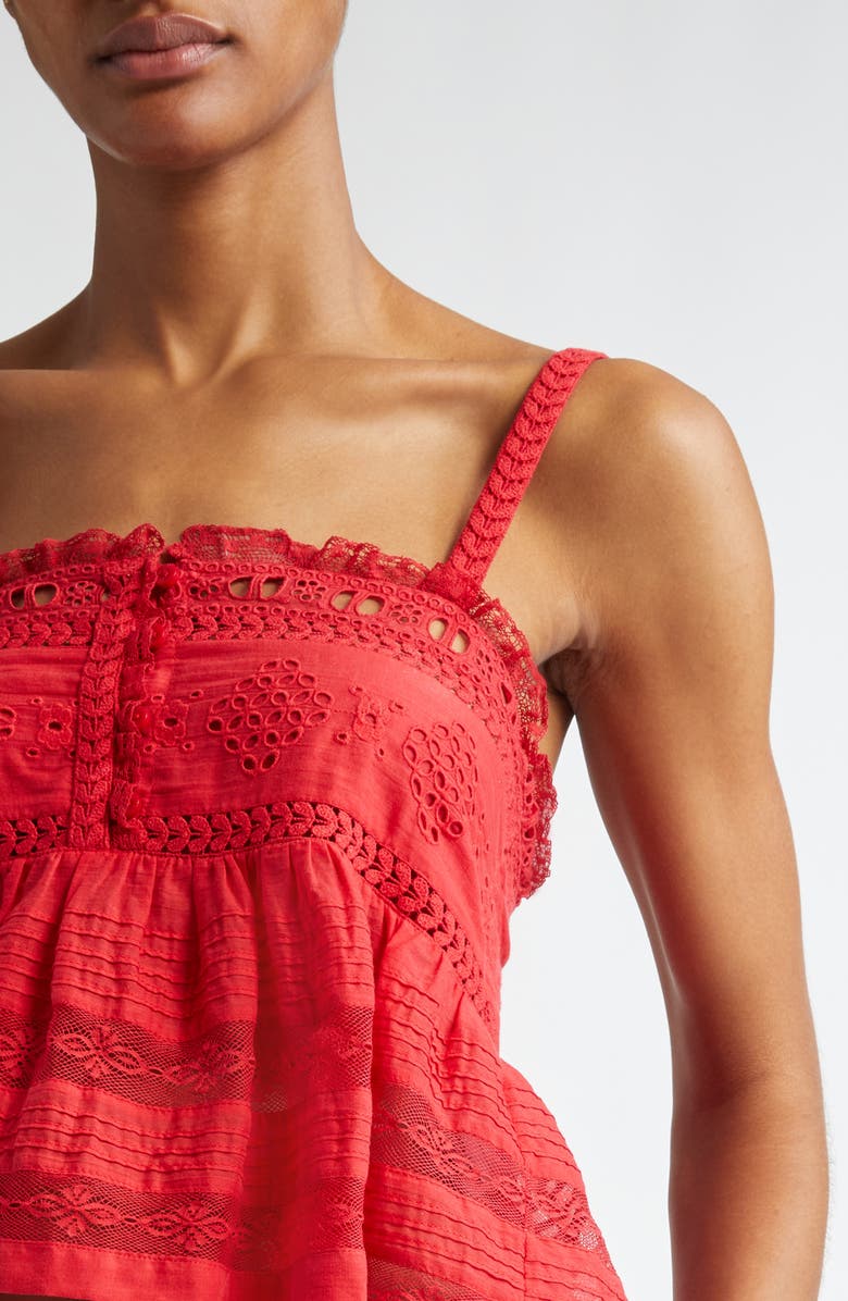 Isabel Marant Étoile Denys Embroidered Eyelet Cotton Peplum Camisole, Alternate, color, Red