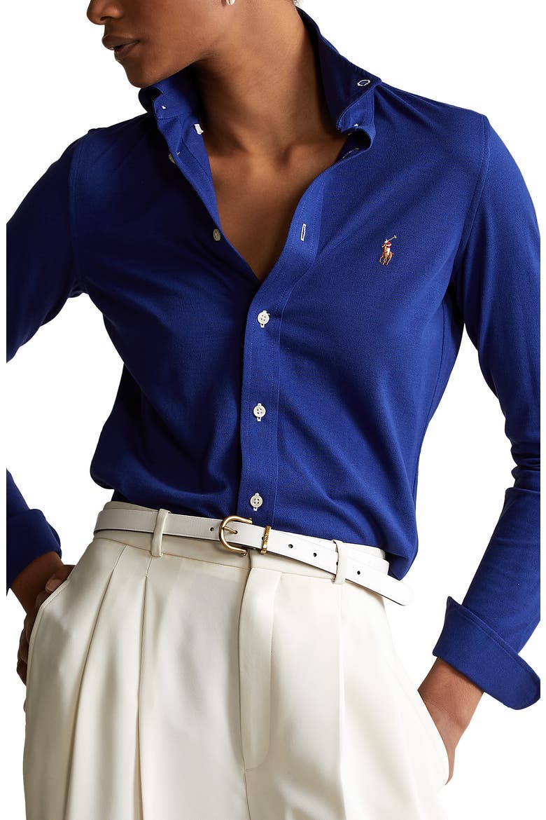 Heidi Skinny Long Sleeve Button-Down Cotton Piqué Shirt, Main, color, SPORTING ROYAL