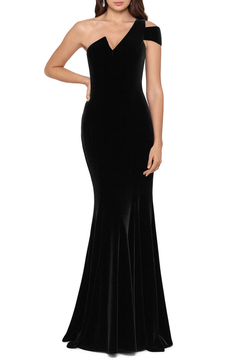 Betsy & Adam One-Shoulder Velvet Mermaid Gown, Main, color, Black