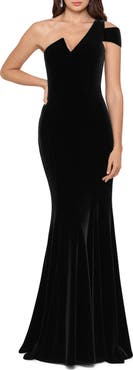 Betsy & Adam One-Shoulder Velvet Mermaid Gown
