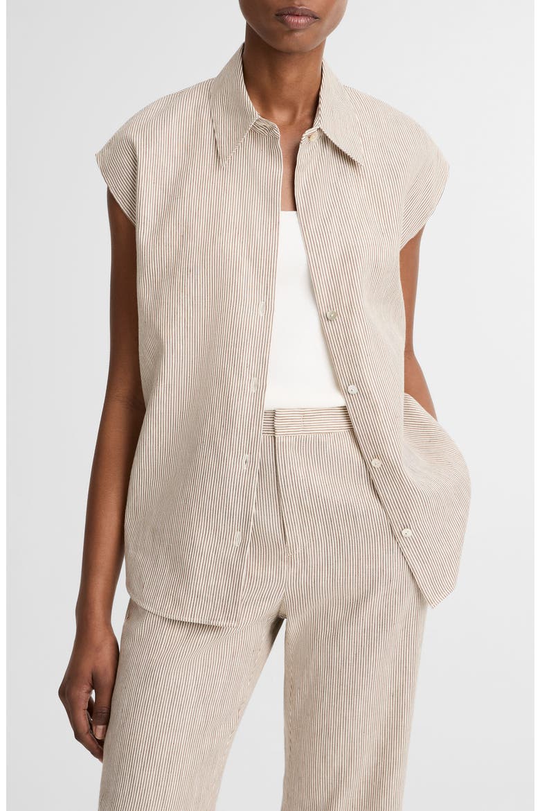 Ticking Stripe Cap Sleeve Linen & Cotton Button-Up Shirt, Main, color, TAUPE WOOD