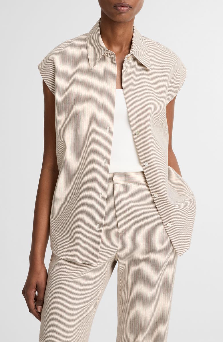 Vince Ticking Stripe Cap Sleeve Linen & Cotton Button-Up Shirt, Main, color, Taupe Wood