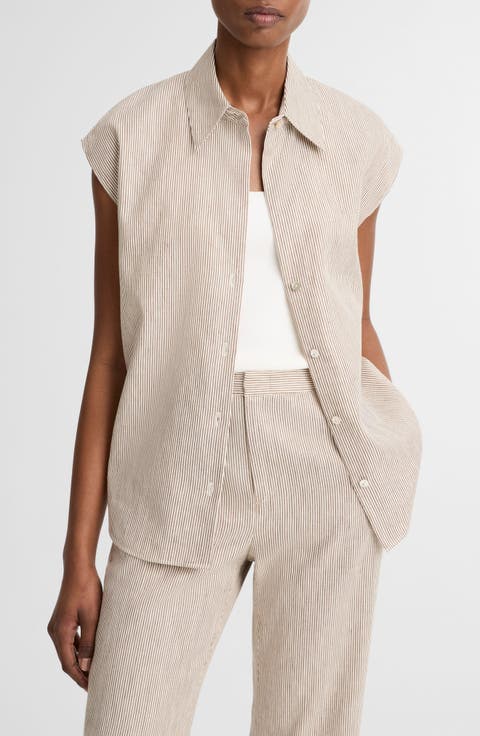 Ticking Stripe Cap Sleeve Linen & Cotton Button-Up Shirt