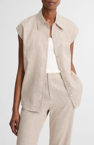 Vince Ticking Stripe Cap Sleeve Linen & Cotton Button-Up Shirt