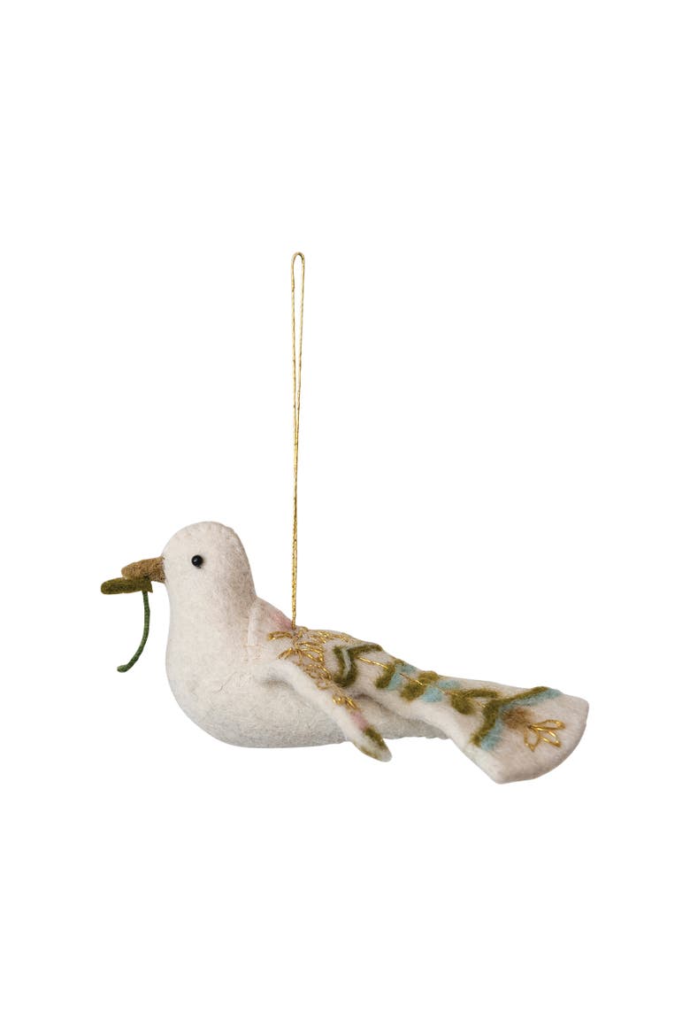 Handmade Wool Felt Dove Ornament with Embroidery, Multicolor, Main, color, White