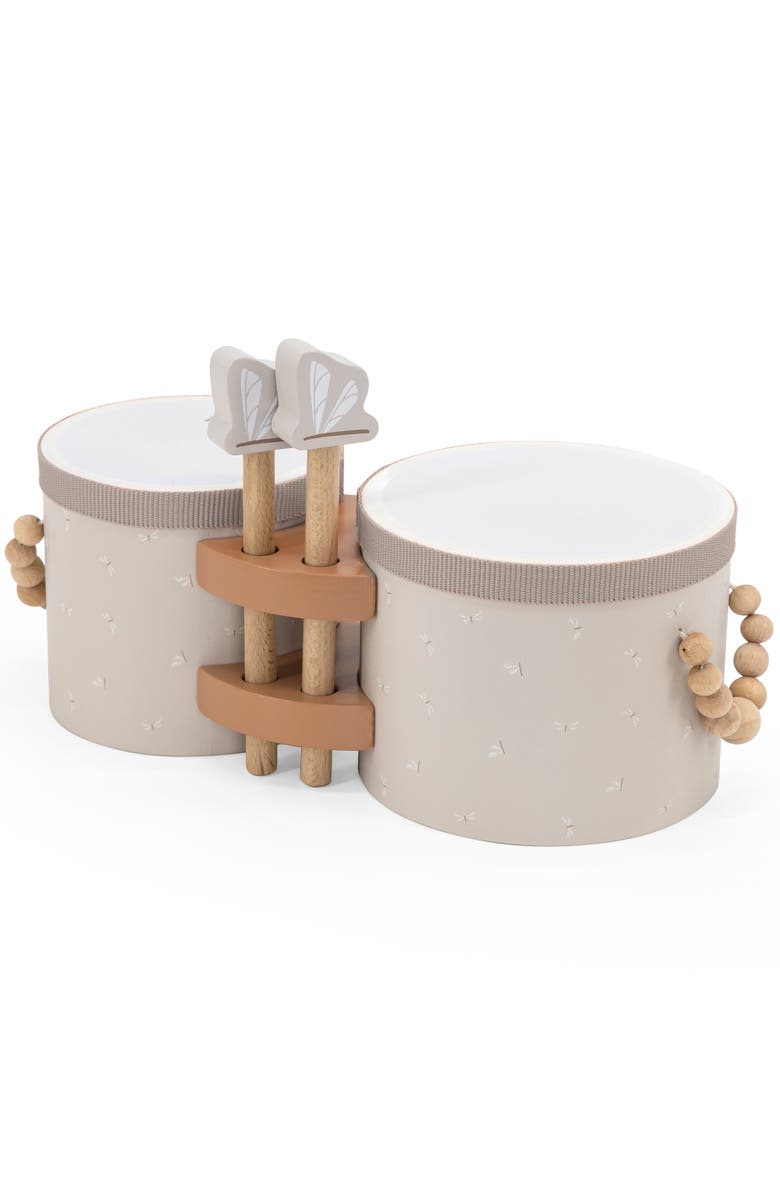 Label Label Wooden Bongos, 2 Dragonfly Drum Sticks, Carry Handles, Ages 2+, Main, color, Multicolored