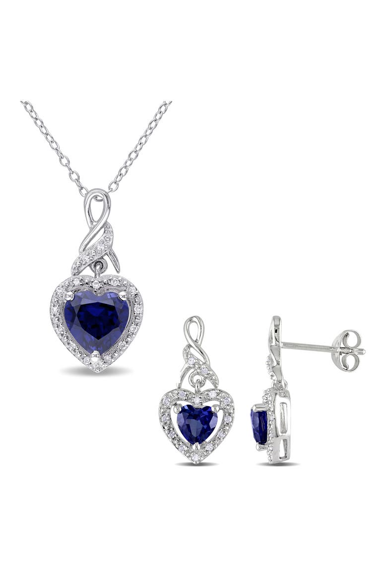 Lab-Grown Blue Sapphire & Diamond Drop Earrings & Necklace Set, Main, color, BLUE