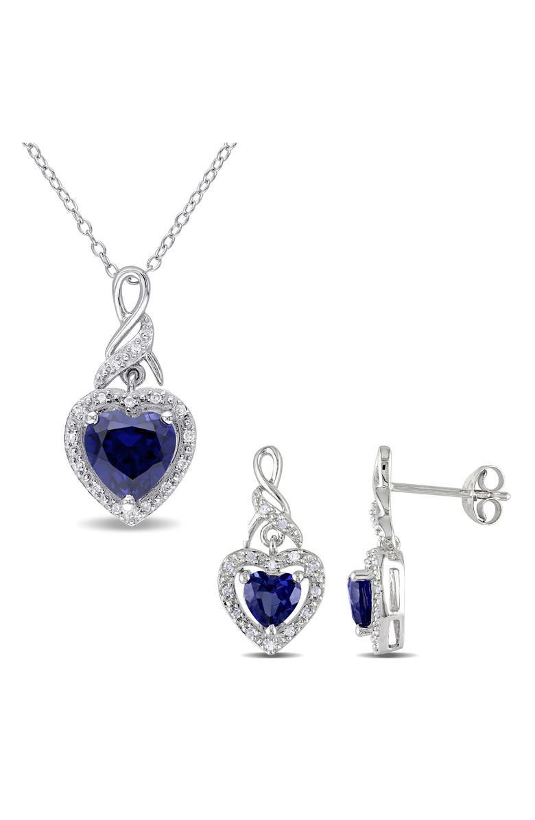 DELMAR Lab-Grown Blue Sapphire & Diamond Drop Earrings & Necklace Set, Main, color, Blue