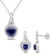 DELMAR Lab-Grown Blue Sapphire & Diamond Drop Earrings & Necklace Set