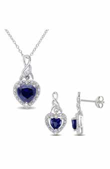 DELMAR Lab-Grown Blue Sapphire & Diamond Drop Earrings & Necklace Set