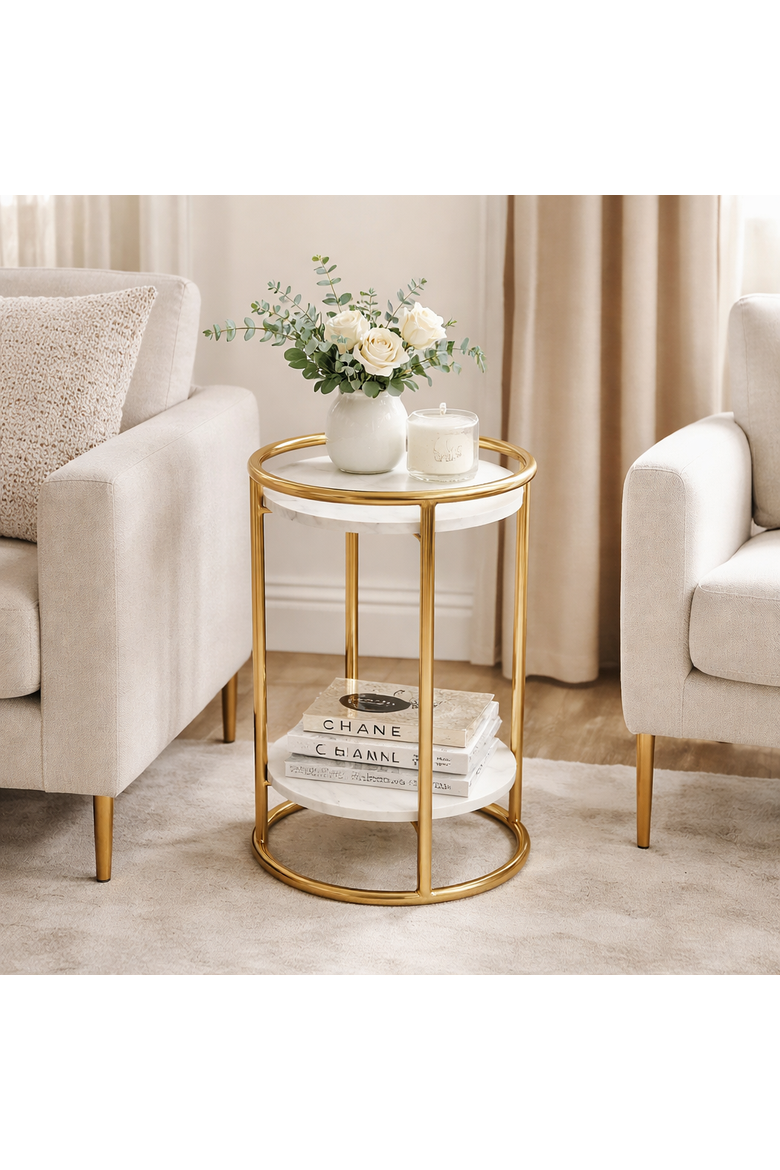 White Marble End Table 2-Tier Gold Frame Modern Living Room Decor, Alternate, color, Gold - 16x16x24"