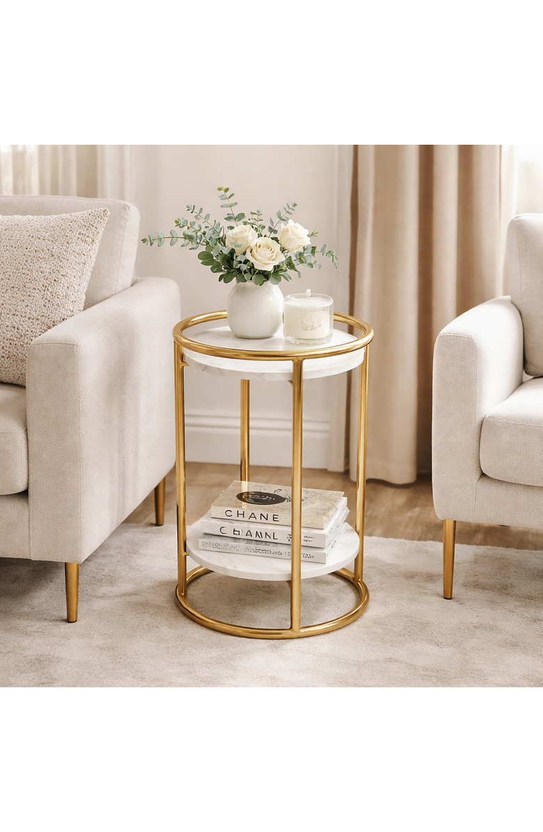 Expo Bazaar White Marble End Table 2-Tier Gold Frame Modern Living Room Decor, Alternate, color, Gold - 16X16x24"