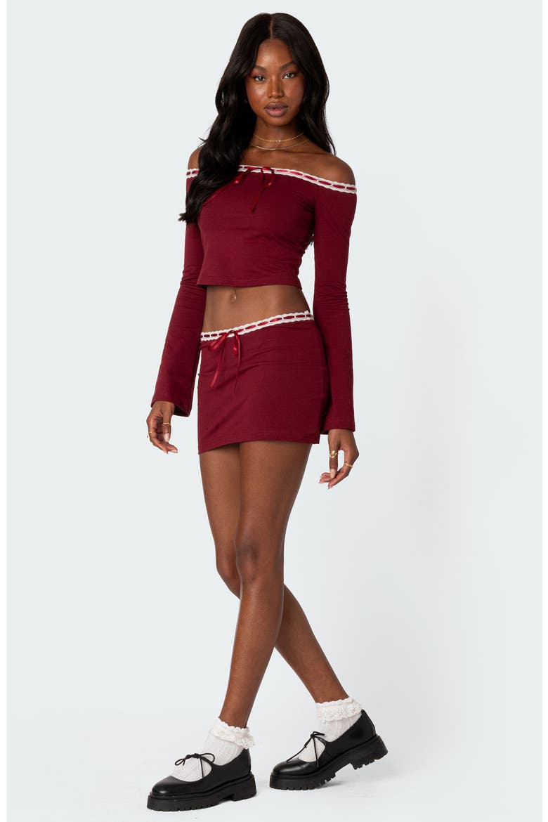 Seline Ribbon Trim Off the Shoulder Crop Top, Alternate, color, BURGUNDY