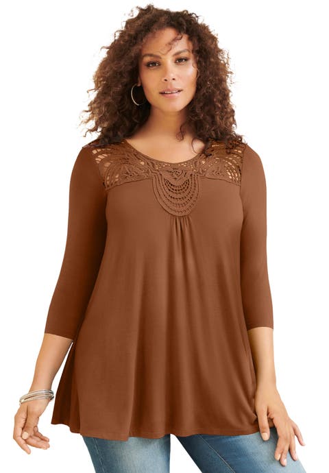 Plus Size Crochet Embellished Swing Ultra Femme Tee (Plus)