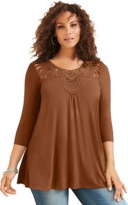 Roaman's Plus Size Crochet Embellished Swing Ultra Femme Tee
