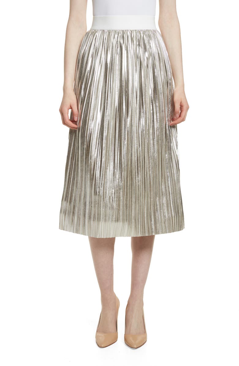 Alice + Olivia Mikaela Pleat Metallic Skirt, Main, color, 
