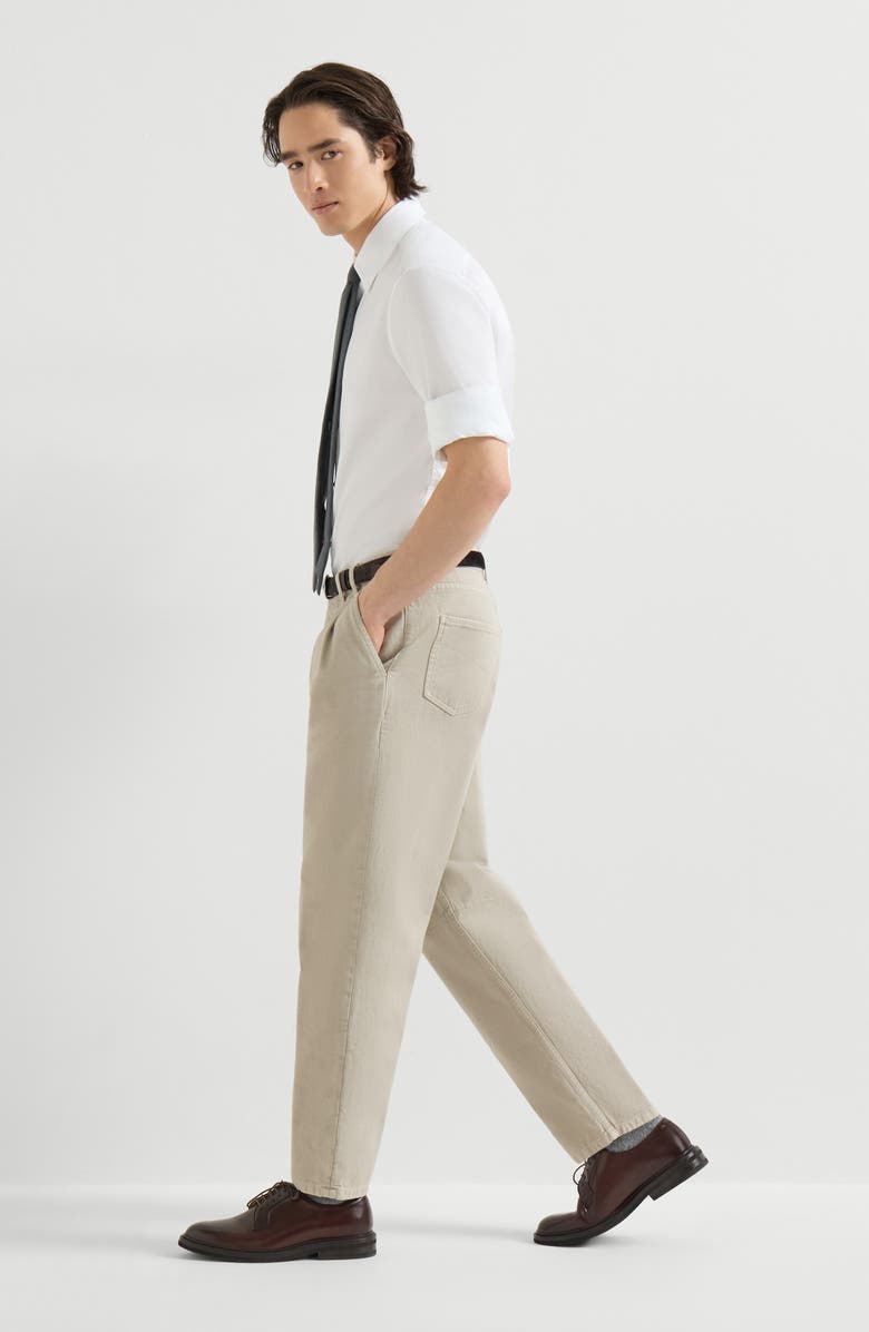 Brunello Cucinelli Garment-dyed denim iconic fit five-pocket trousers with double pleats, Alternate, color, White
