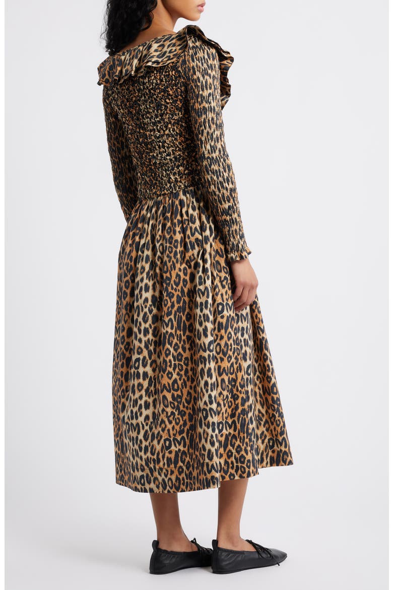 Harper Smocked Long Sleeve Midi Dress, Alternate, color, LEOPARD