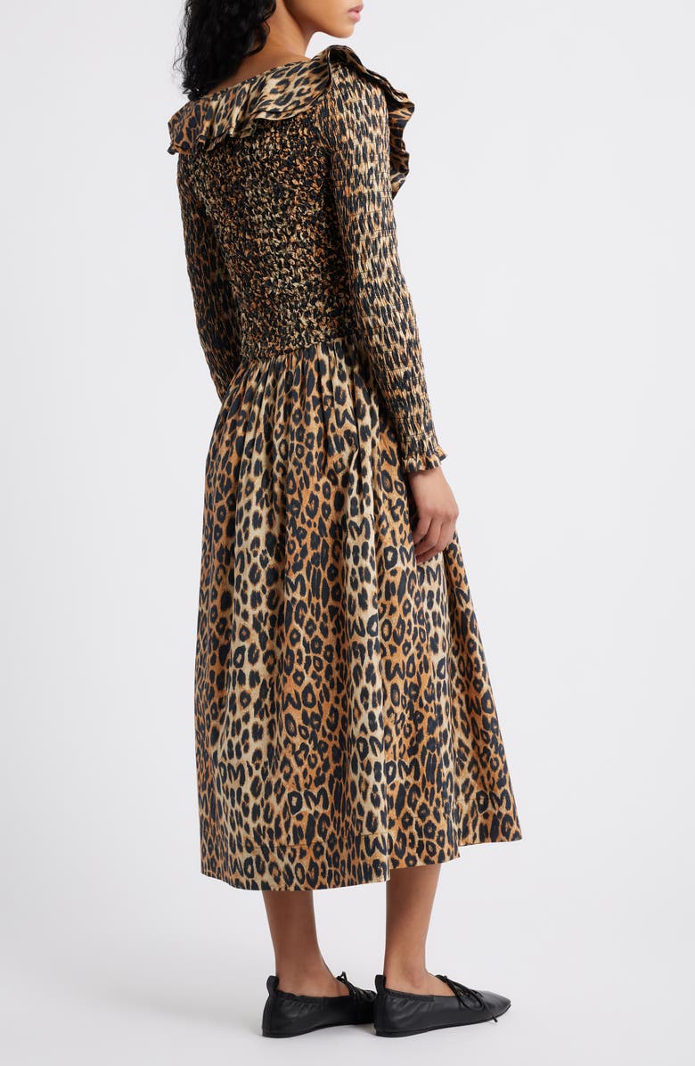 Damson Madder Harper Smocked Long Sleeve Midi Dress, Alternate, color, Leopard