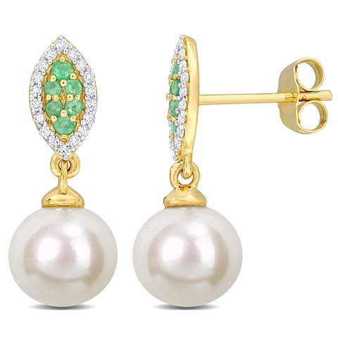 Pearl Gemstone & Diamond Earrings 14k